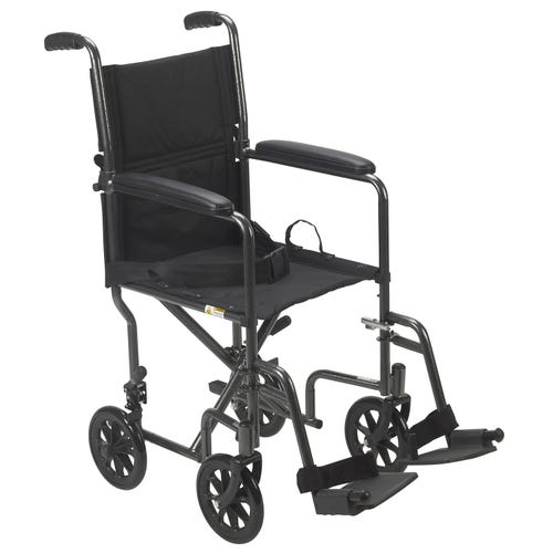 Lightweight Steel Transport Wheelchair, Fixed Full Arms, 17